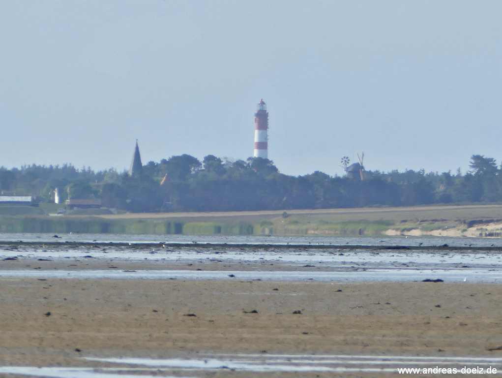Wattwanderung zur Kormoraninsel von Amrum aus: &uuml;ckblick auf dem Weg &uuml;ber das Sandwatt: die drei Wahrzeichen der Nordsee-Insel Amrum nebeneinander zu sehen: der Turm der St. Clemens-Kirche, der Leuchtturm und die Windm&uuml;hle bei Nebel